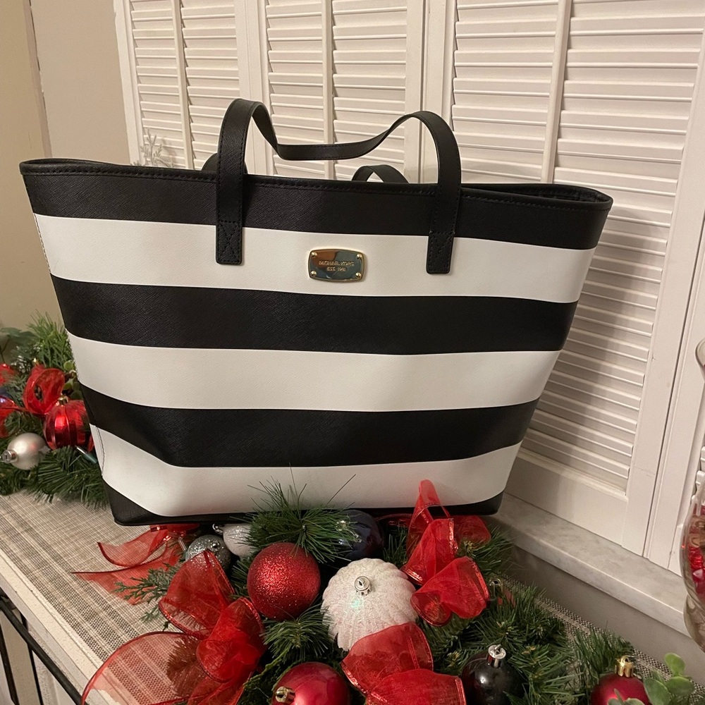 Michael Kors Black and White Striped Tote